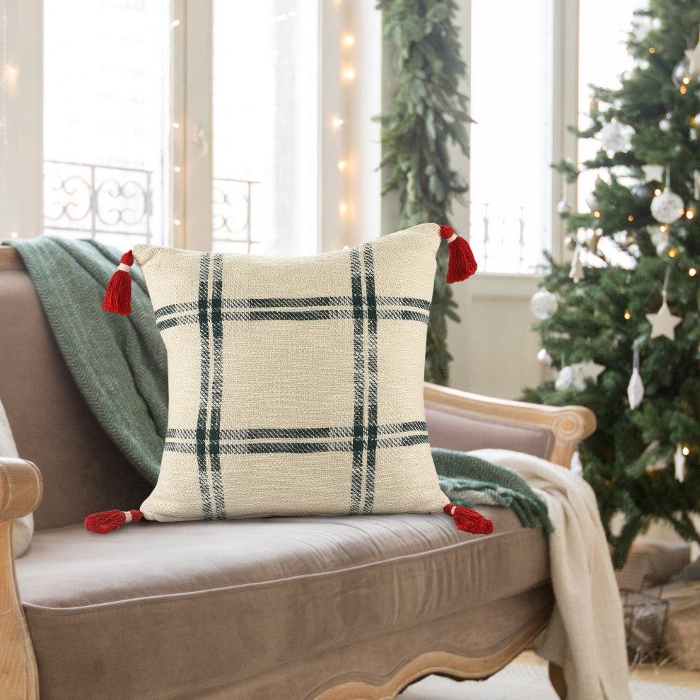 Ox Bay Handwoven Cream/Green Plaid Organic Cotton Pillow Cover, 20"x20"