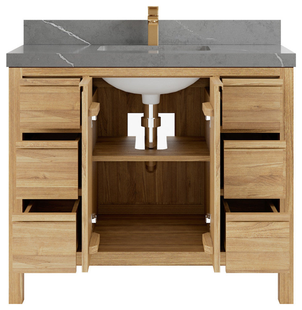 Elizabeth 42 Single Sink Bath Vanity in Light Natural Teak 2" Piatra Gray