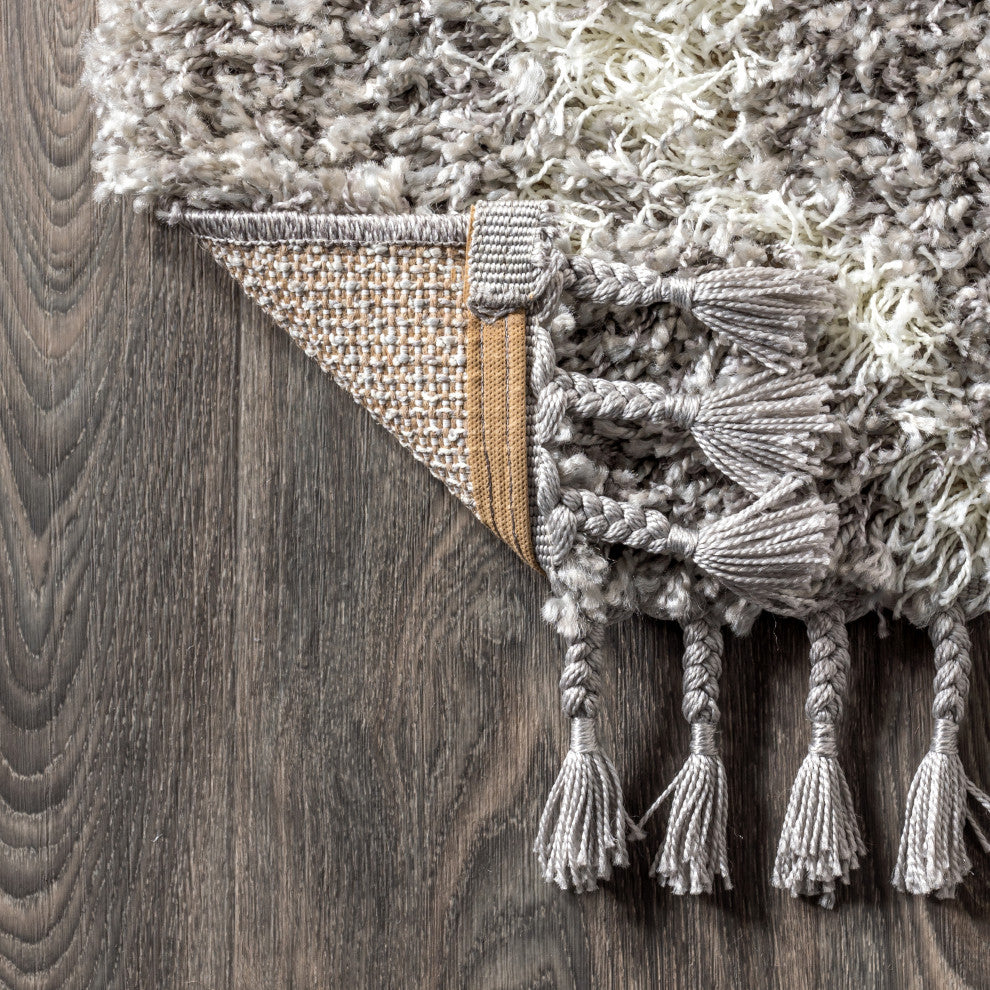 Mercer Shag Plush Tassel Moroccan Geometric Trellis Area Rug, Grey/Cream, 8 X 10