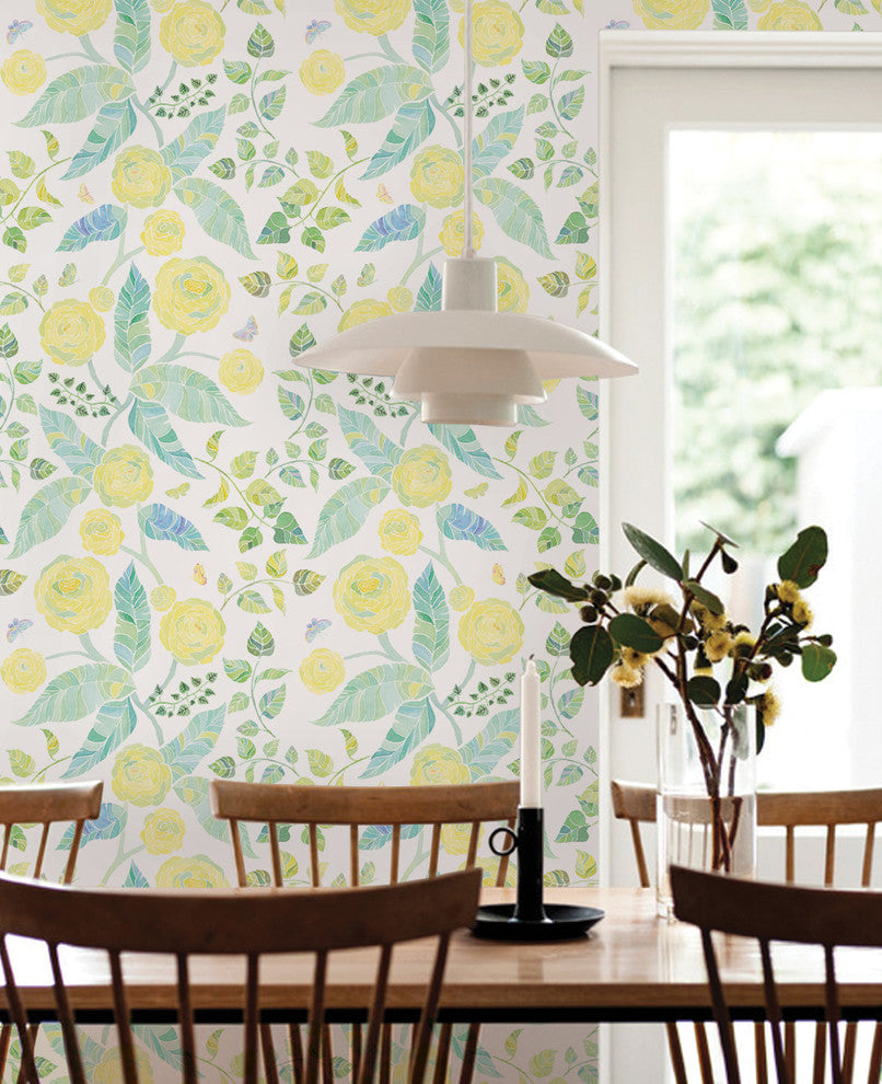 Spring Garden Flowers Peel and Stick Vinyl Wallpaper, Yellow, 24"w X 108"h
