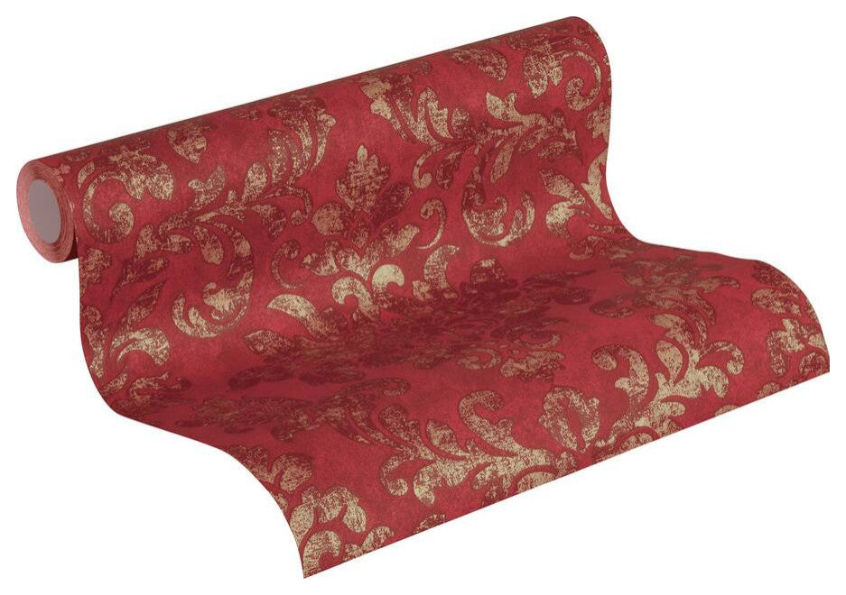 Damask Textured Wallpaper, Ornaments, 374131, Bordeaux Red Gold, 1 Roll