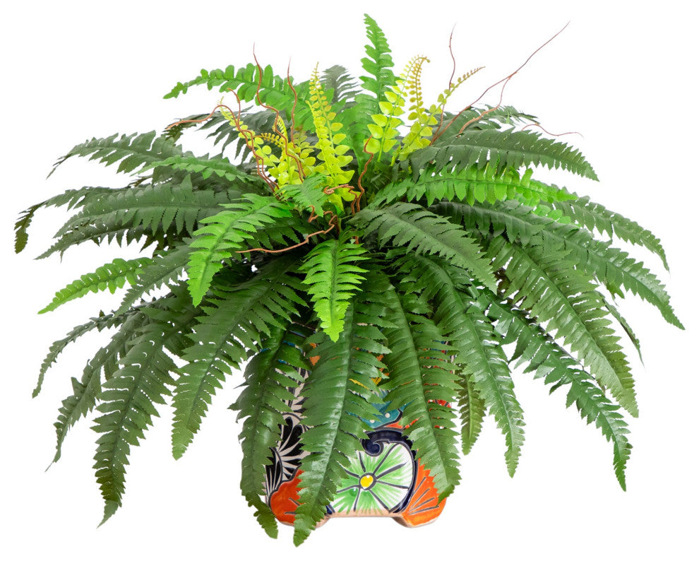 21" Artificial Boston Fern, Handmade Mexican Talavera Ceramic Planter
