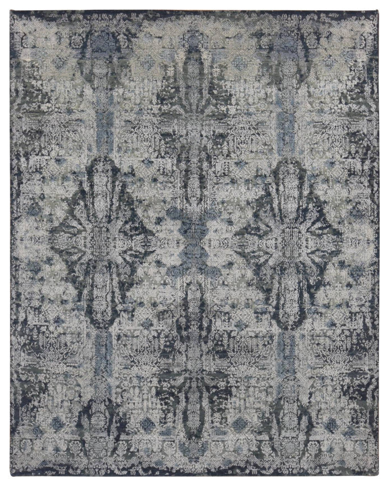 Ash Gray Jewellery Design Half Wool and Half Silk Hand Knotted Rug 7'10"x10'