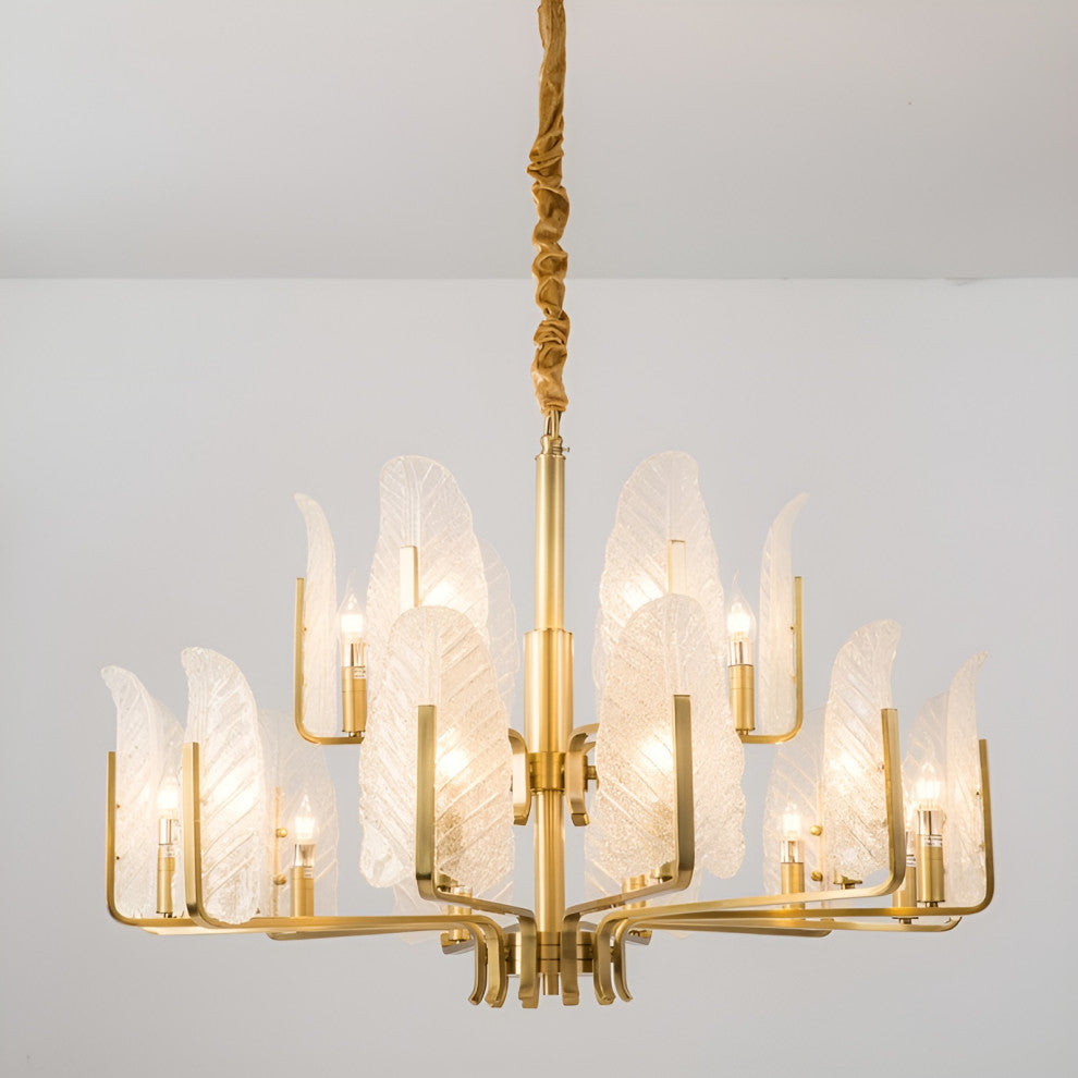Lyss | Luxury Brass Chandelier with Leaves of Frosted Glass for Living Room, 15 Lights