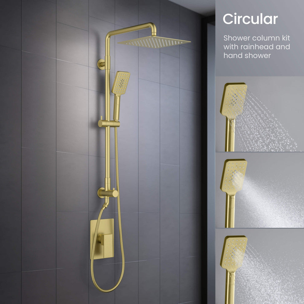 Cube 2-Function Shower Column, Rough, Valve, Brushed Gold