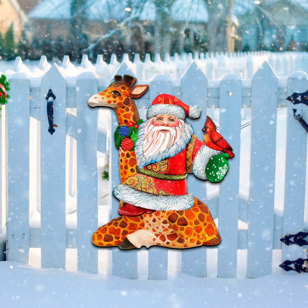 Santa On Giraffe Wooden Holiday Decorative Door Hanger