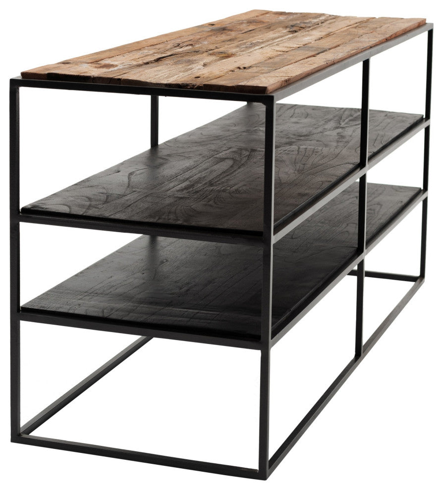 44" Modern Rustic Wood and Black Metal Open TV Stand
