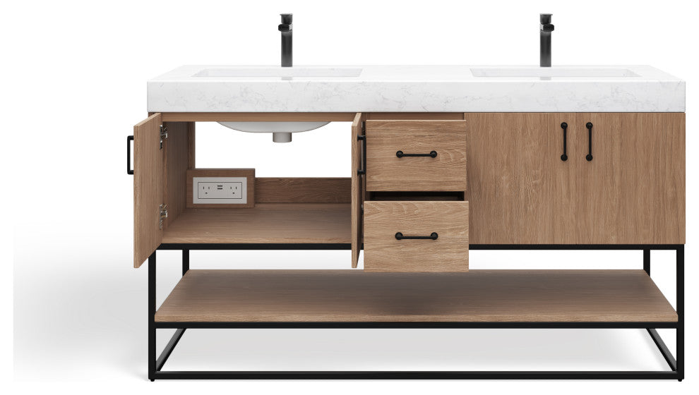 Bahia Bath Vanity, Oak, 60", Matte Black Hardware, Double, Freestanding