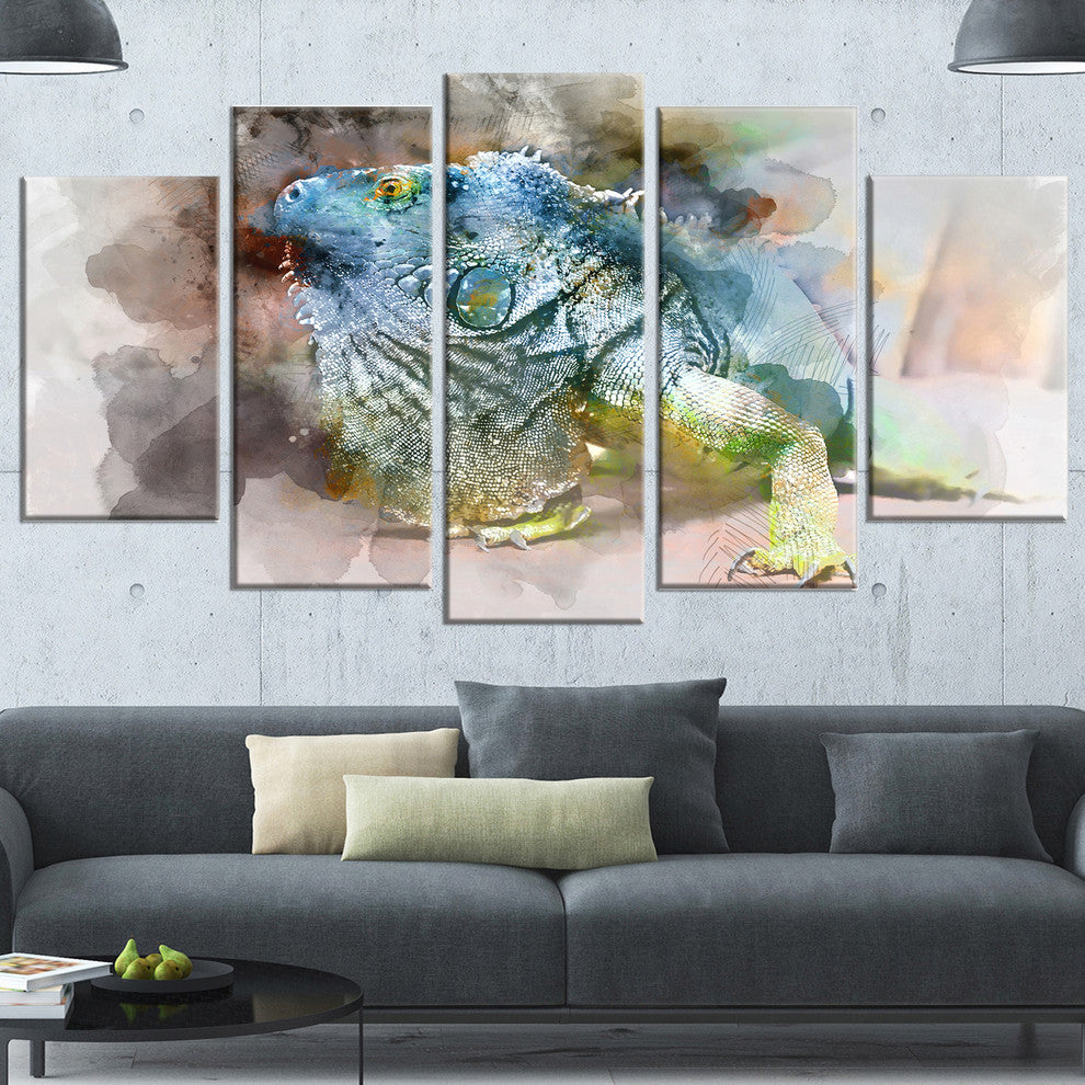 Green Iguana Close Up Painting, Large Abstract Canvas Artwork, 60"x32", 5 Panels