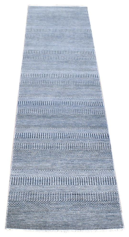 Black, Modern Grass Design, Hand Knotted Wool and Silk Runner Rug, 2'7"x14'1"