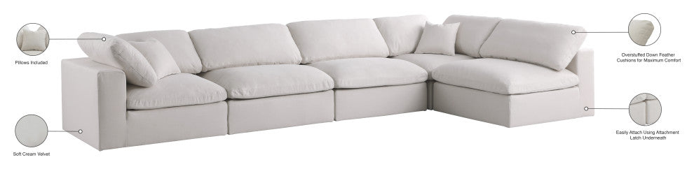 Plush Velvet / Down Standard Comfort L-Shaped Modular Sectional, Cream, 5-Piece: 3 Armless Chair, 2 Corner Chair