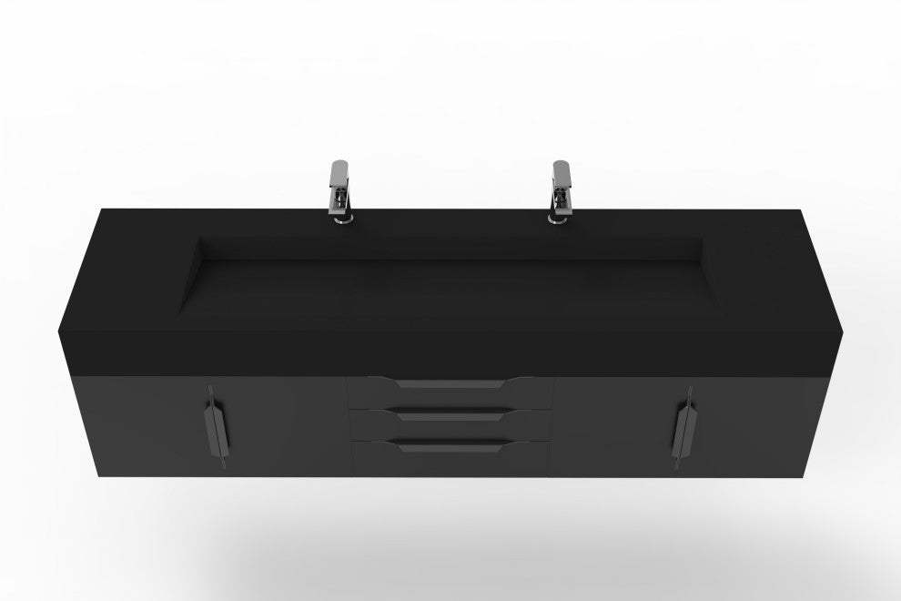 CastelloUSA Nile 72" Wall Mounted Vanity Set, Black, Black Top, Black Handles