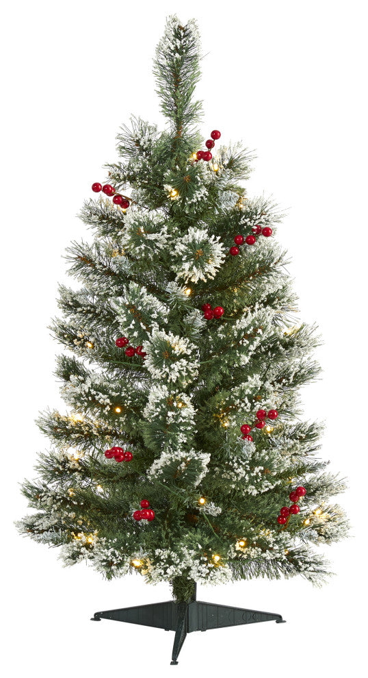 3' Frosted Swiss Pine Faux Christmas Tree With 50 Clear LED Lights and Berries