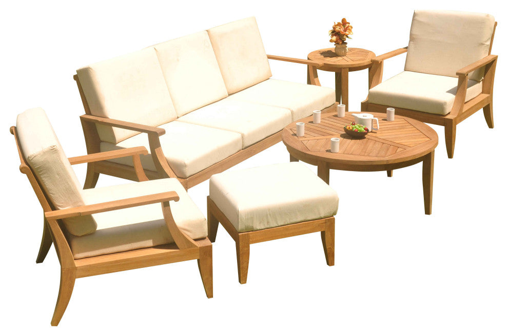 6-Piece Lagos Outdoor Teak Sofa Set With Sunbrella Cushions Spectrum Peacock
