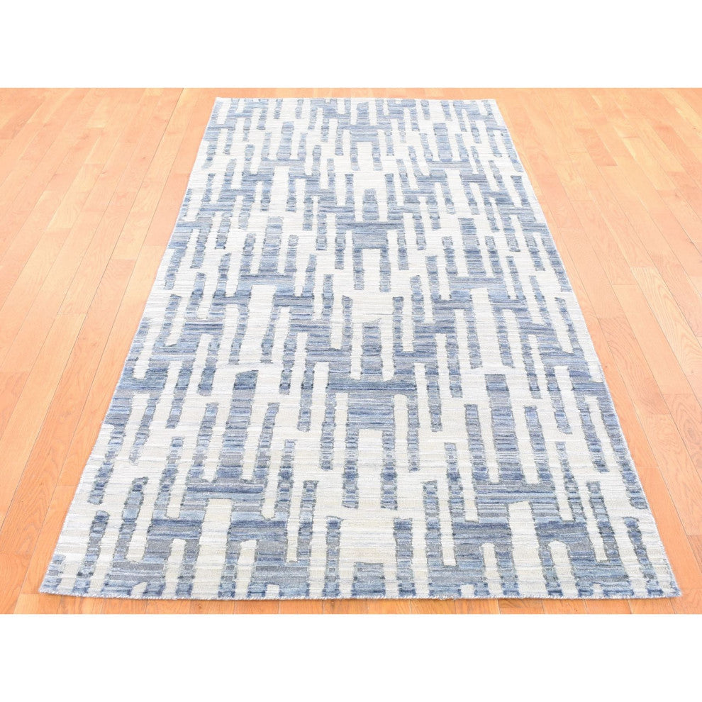 Gray, Zigzag Design, Pure Silk and Textured Wool, Hand Knotted Rug, 4'0" x 10'3"
