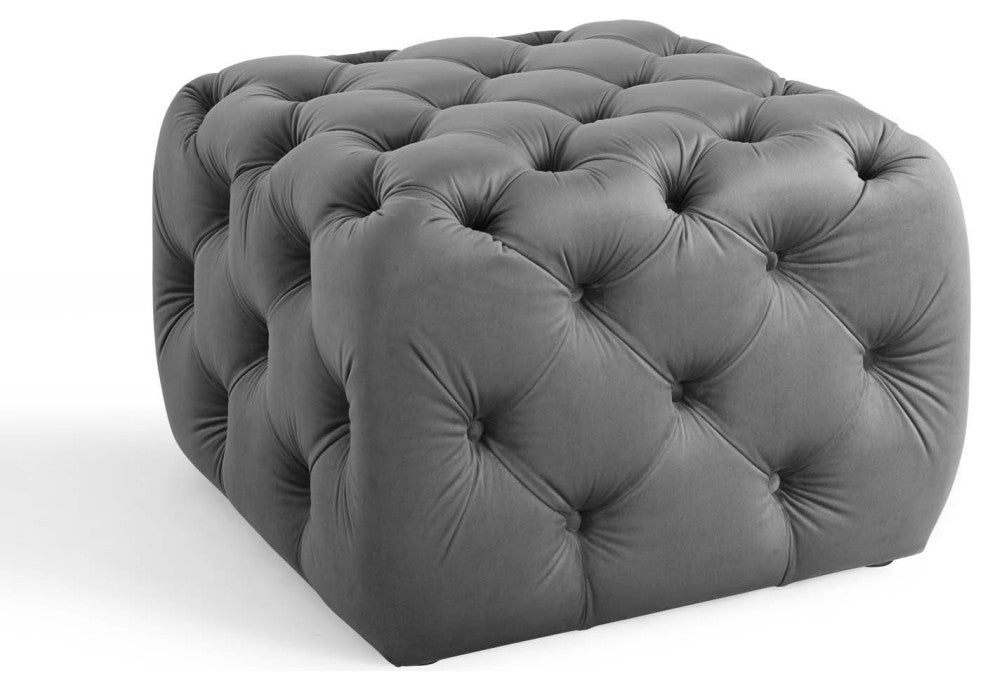 Tufted Accent Chair Ottoman, Square, Velvet, Gray, Modern, Lounge