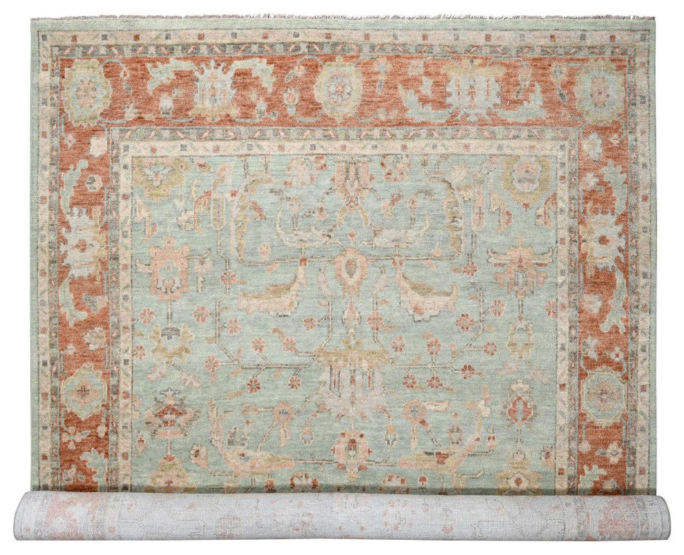 Sage Green Hand Knotted Oushak Design Wool Over Oriental Rug, 11'10"x14'8"