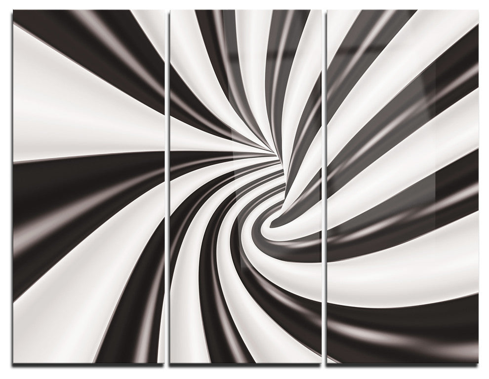 "Fractal 3-D Black N White Tunnel" Metal Wall Art, 3 Panels, 36"x28"
