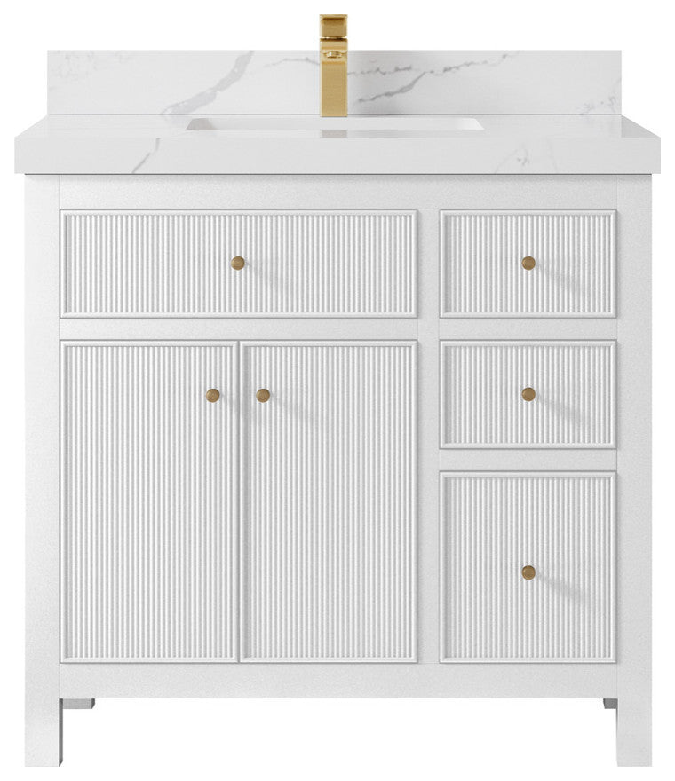 Sonoma 36 Center Sink Reeded Bath Vanity in White 2" Calacatta Laza