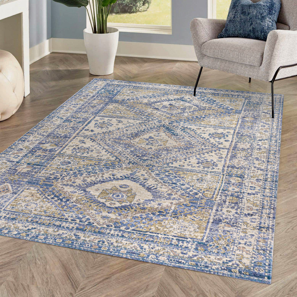 Darija Ornate Geometric Medallion Area Rug, Blue, 8 X 10