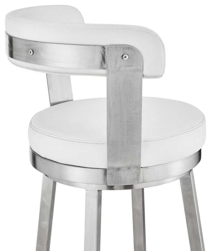 30" Chic White Faux Leather With Stainless Steel Finish Swivel Bar Stool