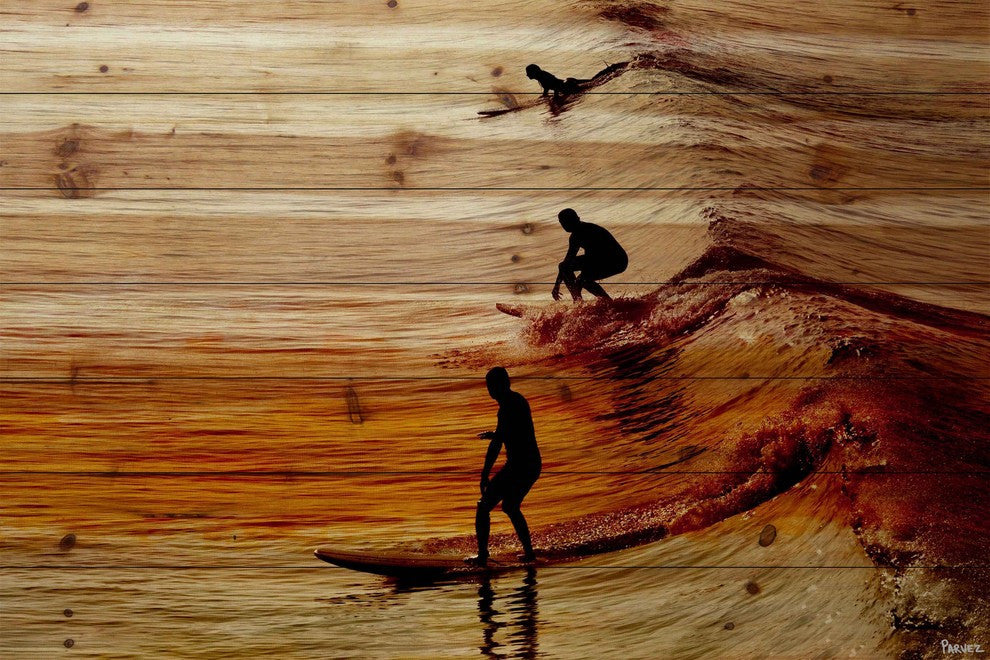 "Surfing the Wave" Print on Natural Pine Wood, 60"x40"