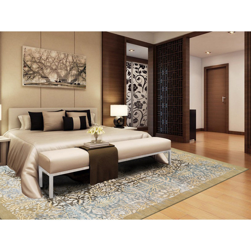 Honey Brown, Silk With Textured Wool, Hand Knotted, Oriental Rug, 9'2" x 12'0"
