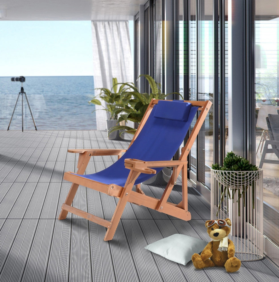 Romantic Collection Canvas Sling Chair with Cup and Wine Holder, Walnut Frame Bl