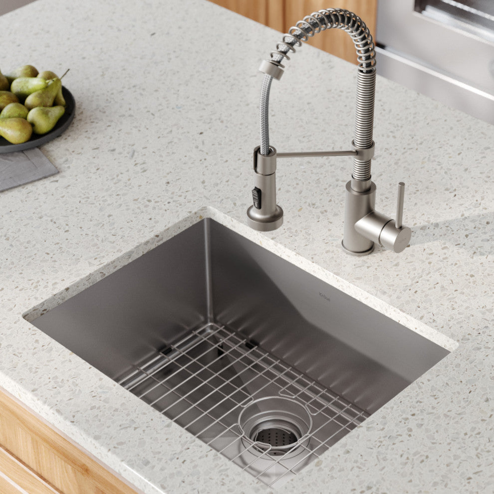 23" Undermount Stainless Steel Kitchen Sink, Pull-Down Faucet SS, Dispenser