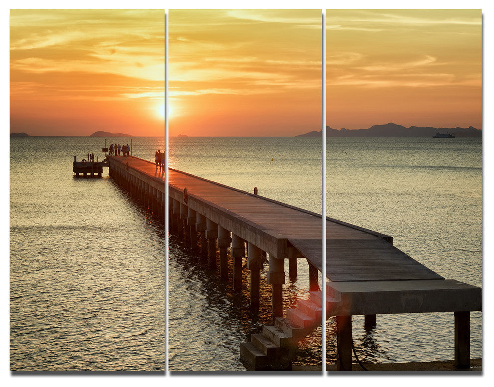 Boat Pier at Sunset, Bridge Triptych Canvas Art Print, 36x28, 3 Panels