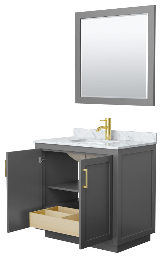 36"SGL Bathroom Vanity Dark Gray, Carrara Countertop, Sink, Gold Trim, 34"Mirror