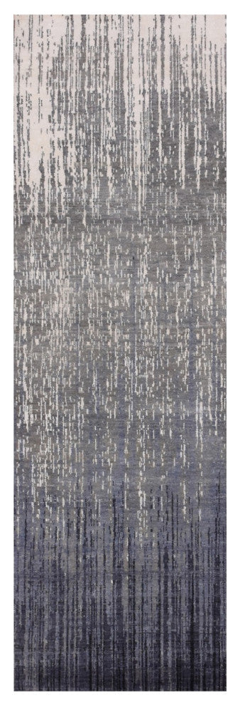 Gray and Blue Pure Wool Hand Knotted Modern Ombre Design Runner Rug, 2'6"x8'0"