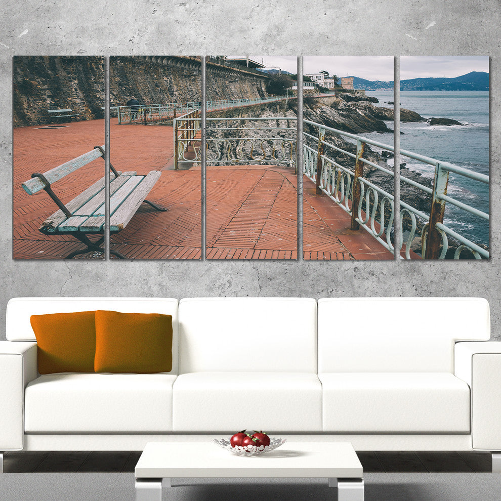 "Seating in Genoa Nervi Coast" Seashore Wall Art, 5 Panels, 60"x28"