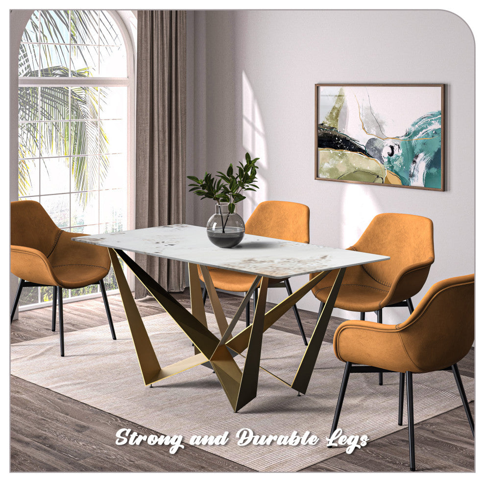LeisureMod Nuvor Dining Table With Rectangular Top and Gold Steel Base, White Gray, 55 Inch