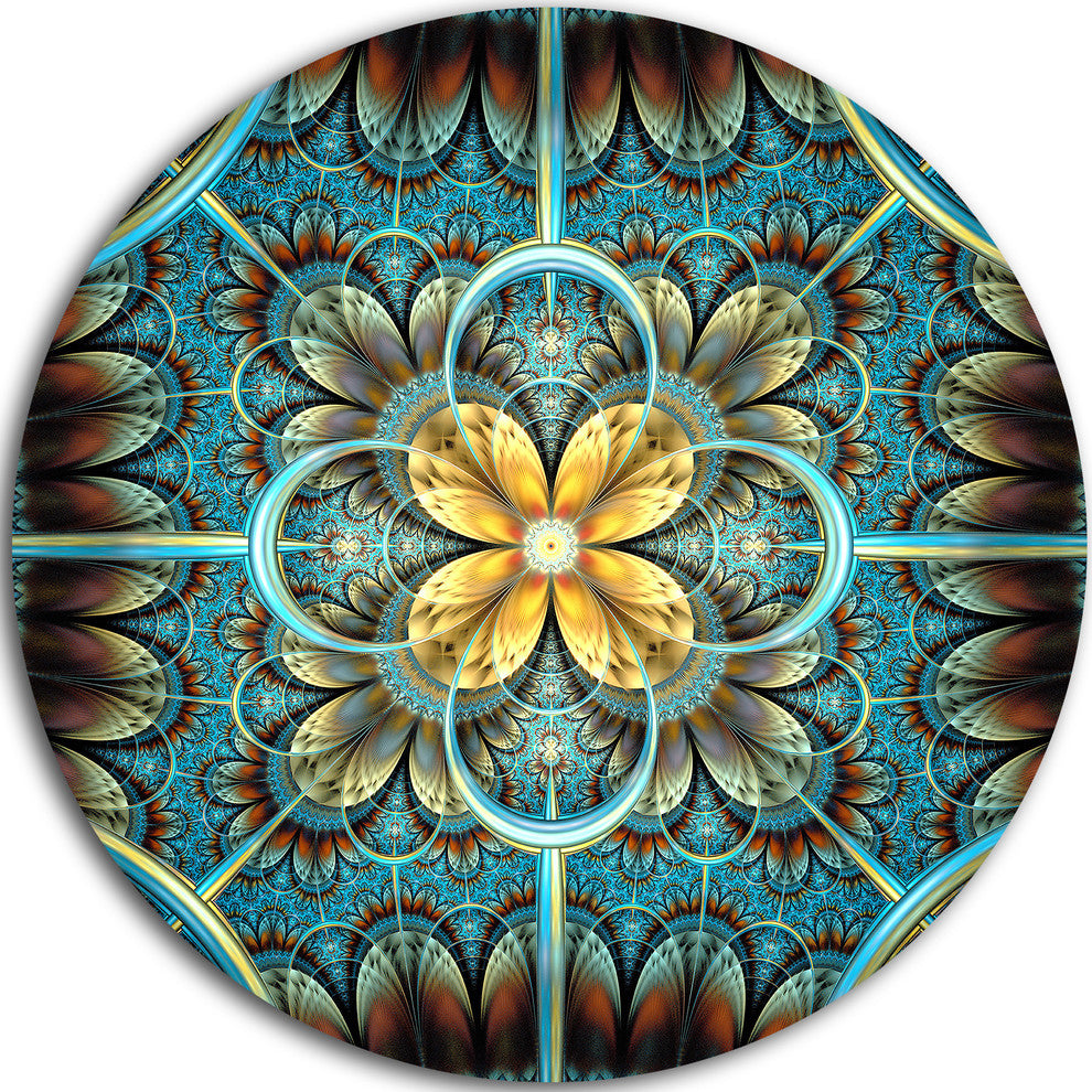 Blue And Yellow Fractal Flower Design, Floral Disc Metal Wall Art, 11"