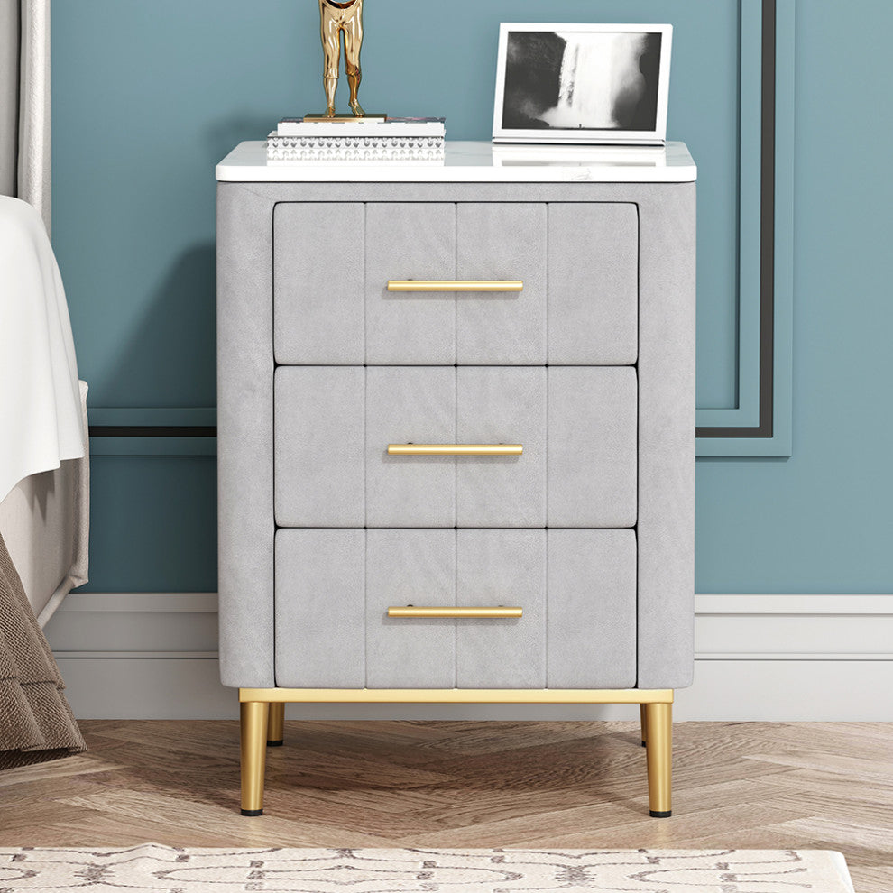Modern Nightstand Gray Velvet Upholstered Bedside Table 3 Drawers With Stone Top