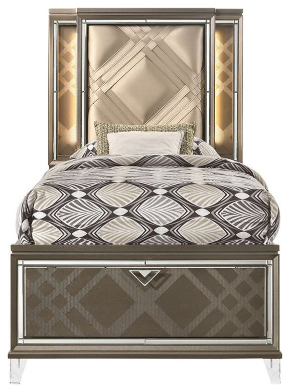 ACME Skylar Twin Bed With Storage, LED, PU and Dark Champagne