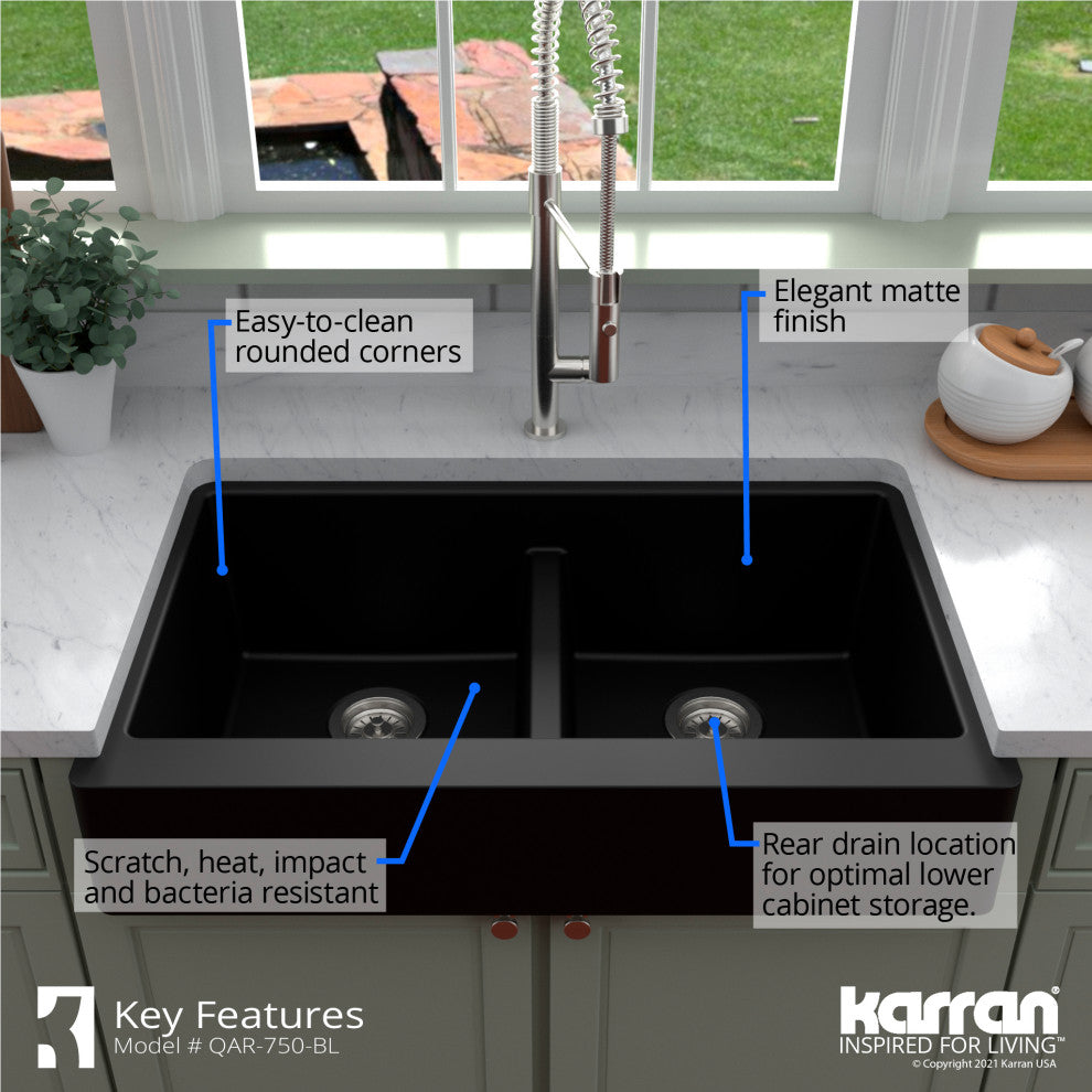 Karran Retrofit Farmhouse Quartz 34" Double Bowl Sink, Black
