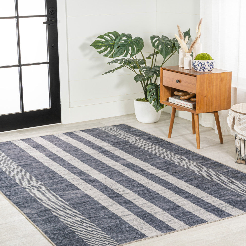 Vichy Geometric Striped Machine-Washable Area Rug, Slate Gray/Ivory, 8 X 10
