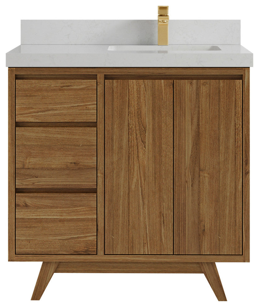Madison Teak 36 Right Offset Bath Vanity in Dark Natural 2" Carrara Quartz