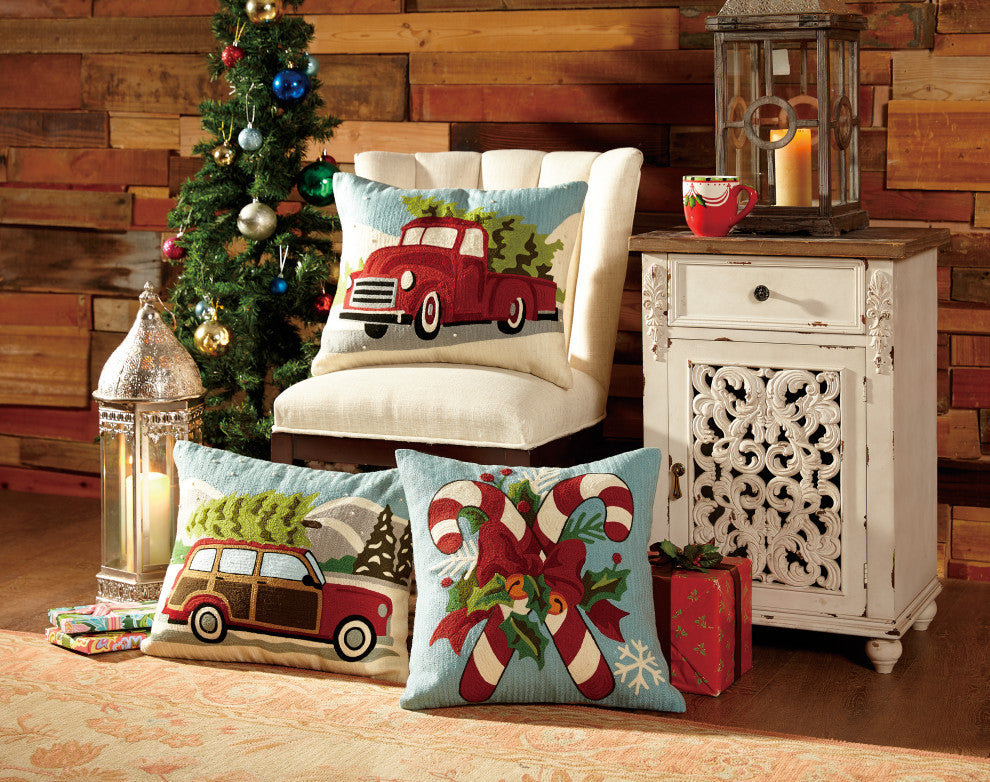 Red Truck With Xmas Tree Crewel Embroidered Pillow