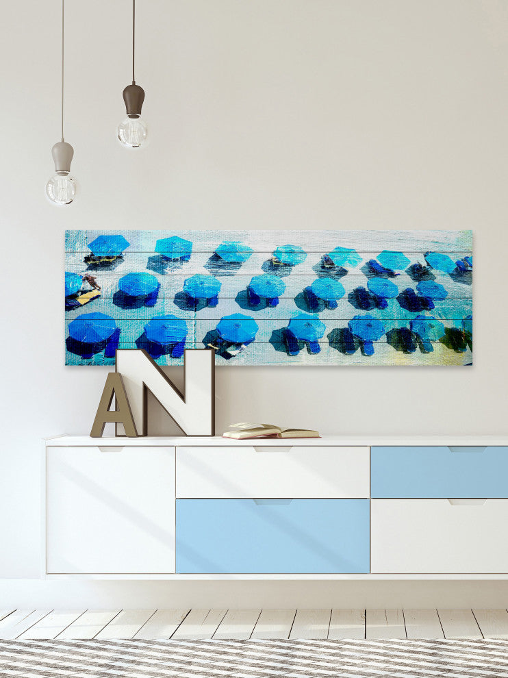 "Umbrellas Blue" Painting Print on White Wood, 60"x20"