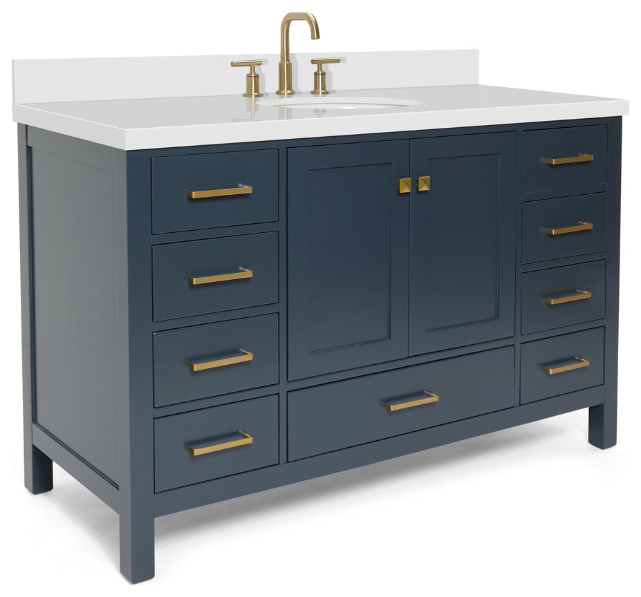 ARIEL Cambridge 55" Oval Sink Blue Bathroom Vanity Quartz Top, No Mirror