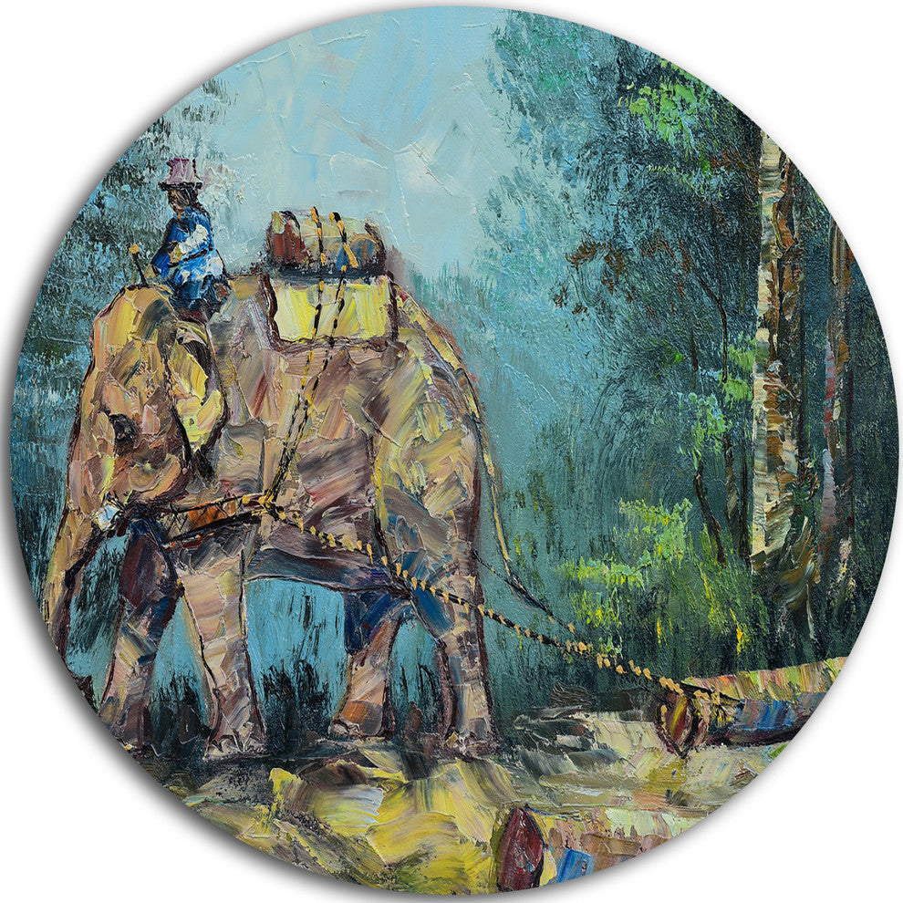 Elephant Dragging Logs, Animal Painting Round Metal Wall Art, 38"
