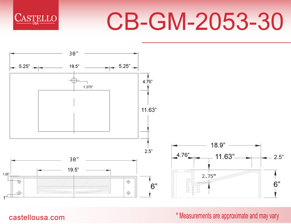 CastelloUSA Pyramid Solid Surface Wall Mounted Ramp Basin Sink, White, 30", No Faucet Hole