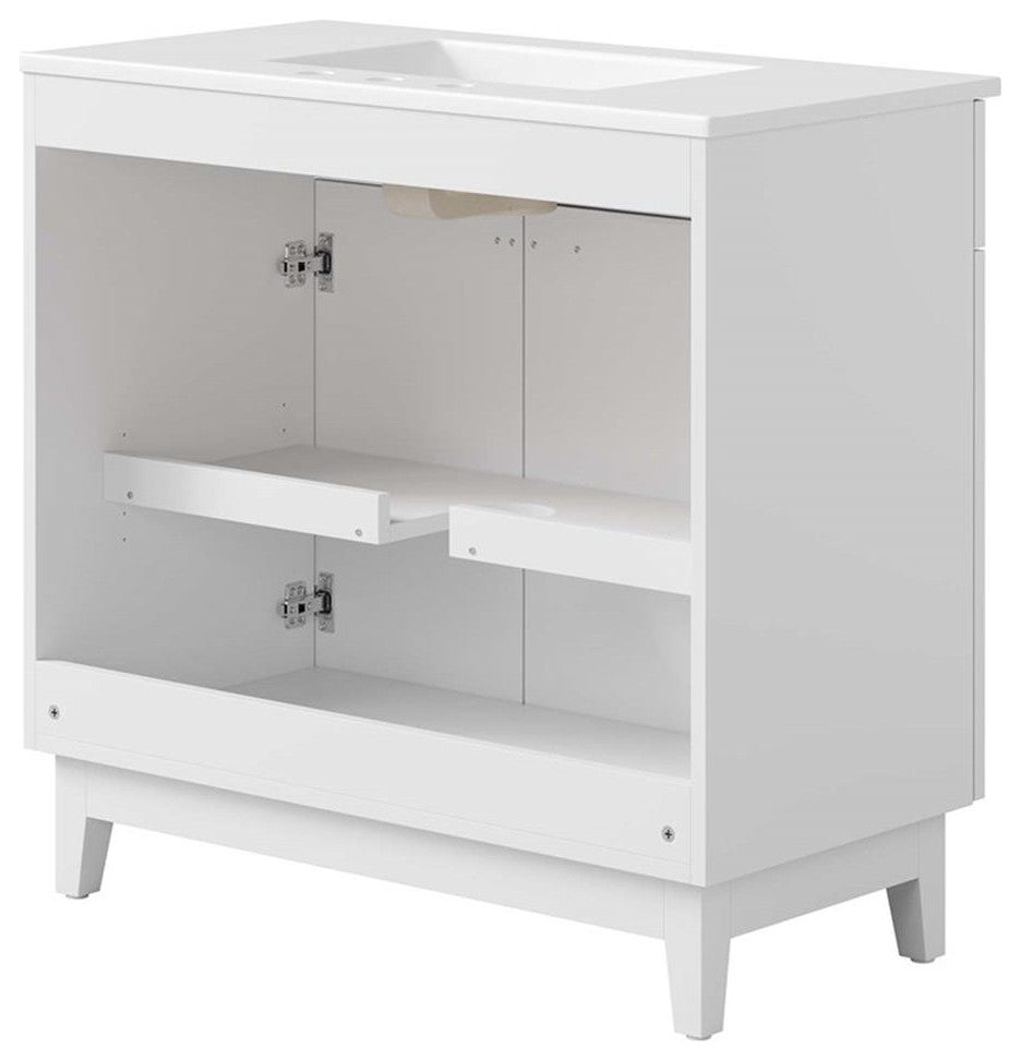 Modway Miles 36" Wood Bathroom Vanity with Tapered Legs in White