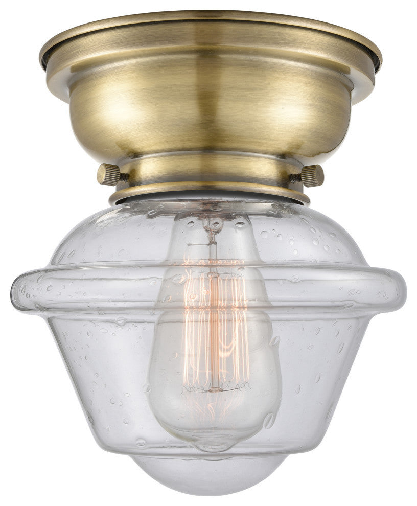 Small Oxford 1-Light Flush Mount, Antique Brass, Seedy