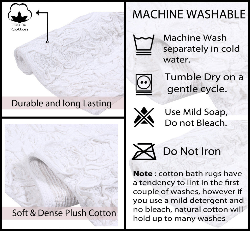 Bell Flower Collection Tufted Bath Rug, 3-Piece Set With Runner, White