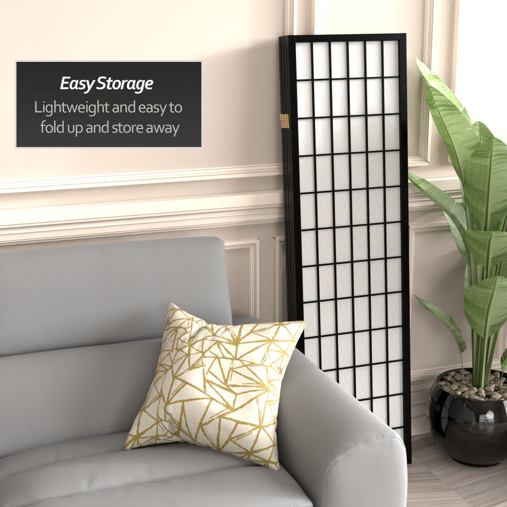 5' Tall Window Pane Shoji Screen, Black, 4 Panels