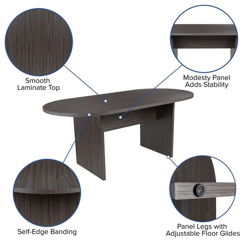 5 Piece Rustic Gray Oval Conference Table Set with 4 Black LeatherSoft Chairs